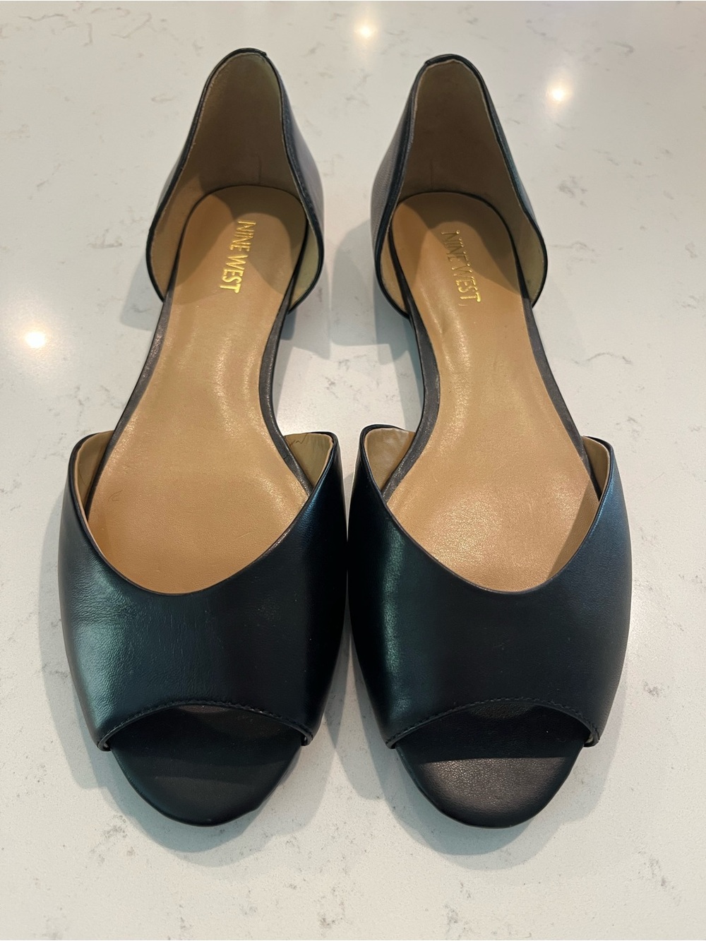 Nine West NW7Blossom Black Leather Peep-Toe Flats - NWOB